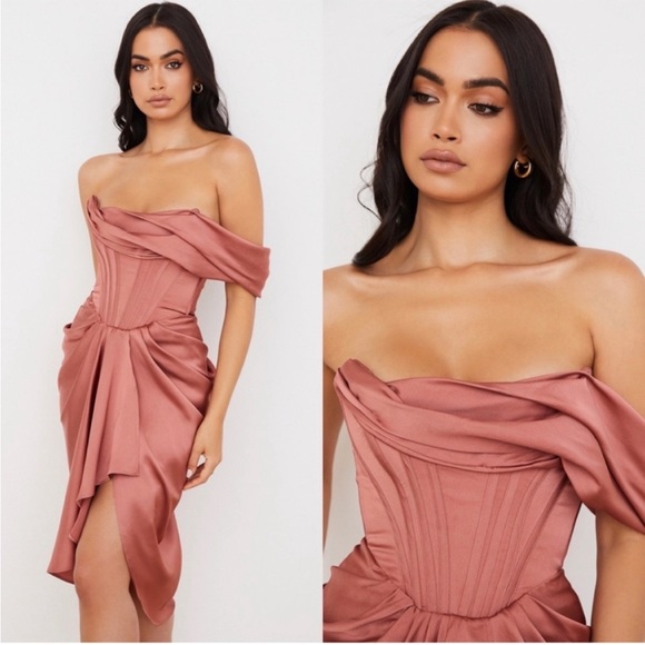 House of CB ‘Janis’ Rouge Satin One Shoulder Draped Midi Dress NWOT - Picture 5 of 17